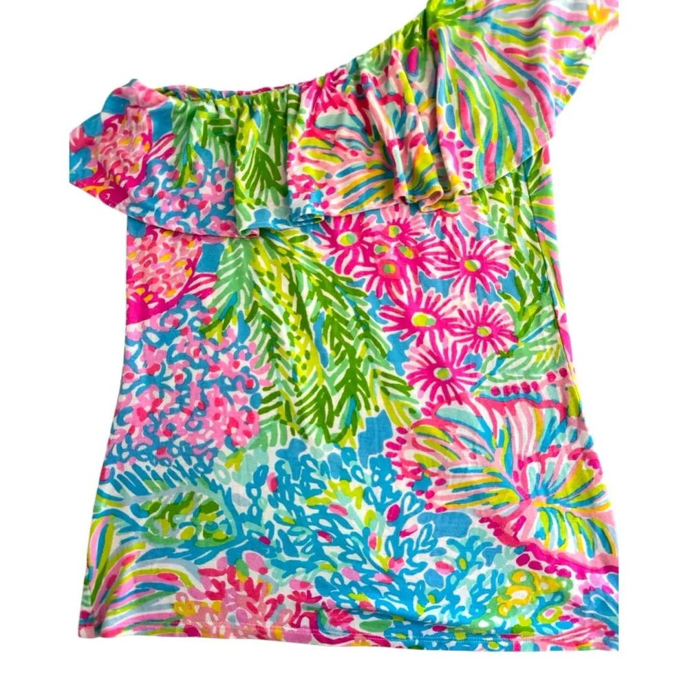 Lilly Pulitzer Neveah Vibrant Pink Blue Green Floral One Shoulder Top XXSmall - Picture 2 of 8